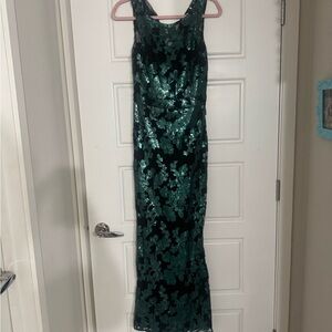 Badgley Mischka Emerald Green Sequin Floral Sheath Gown